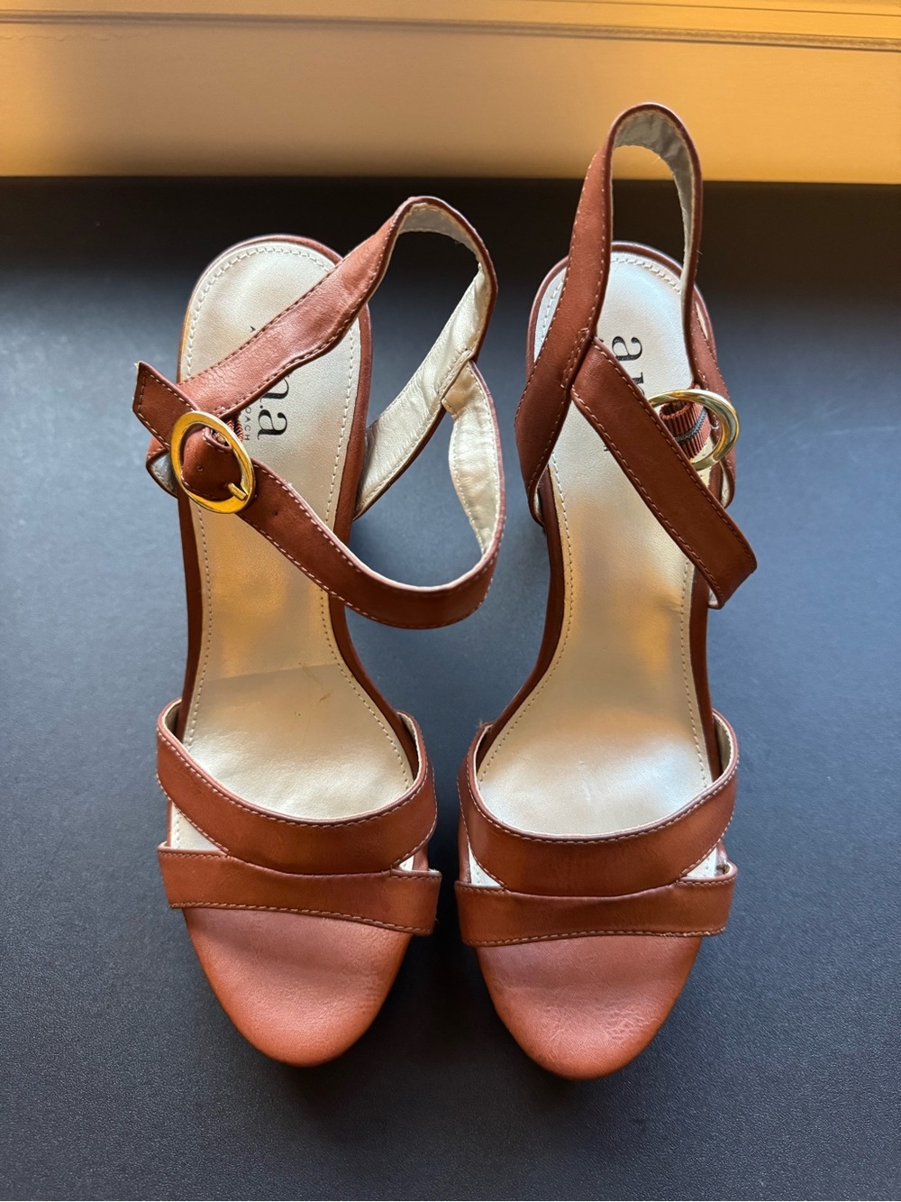 a.n.a Tan Strappy Slingback Heels with Gold Buckle